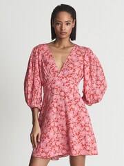 Reiss Coral Daisy Puff Sleeve Print Mini Dress - Image 4 of 7