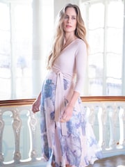 Seraphine Pink Pastel Floral Wrap Maternity And Nursing Midi Dress - Image 2 of 5