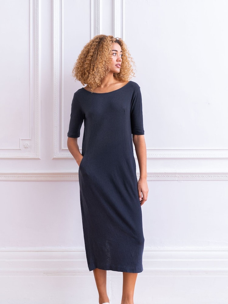 Celtic & Co. Navy Blue Linen/Cotton Button Back Dress - Image 1 of 5