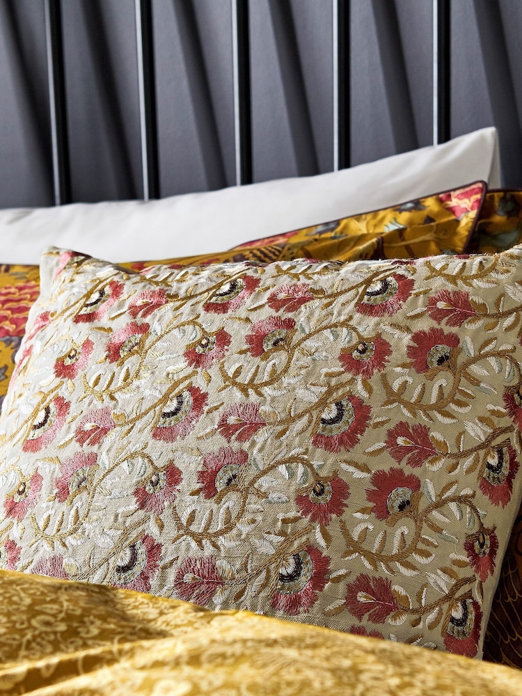 Morris & Co Cream Seasons By May Embroidered Feather Filled 100% Cotton Cushion - Image 1 of 5