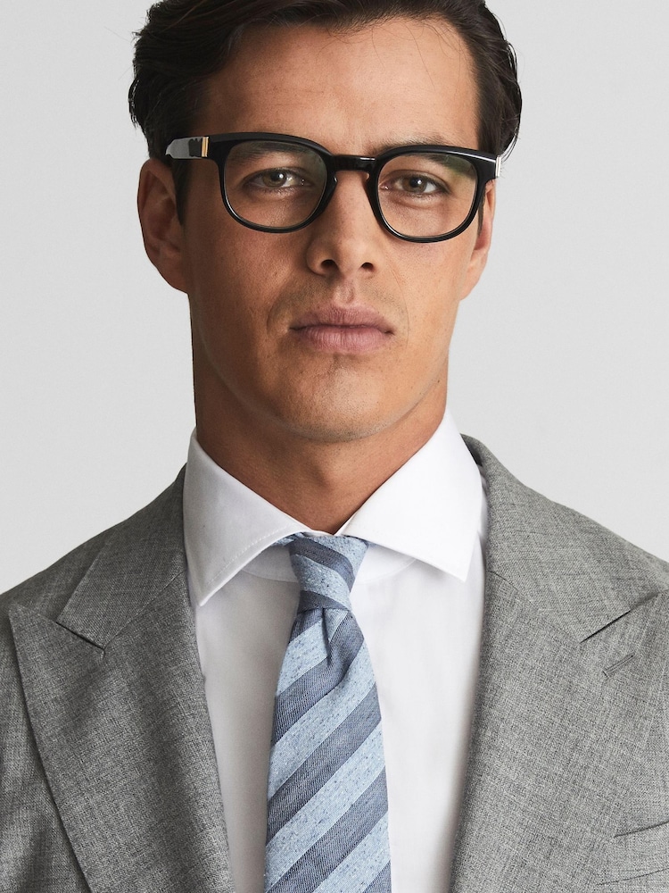 Reiss Blue/Grey Bennett Linen Silk Blend Striped Tie - Image 1 of 4 Reiss Blue/Grey Bennett Linen Silk Blend Striped Tie - Image 1 of 4