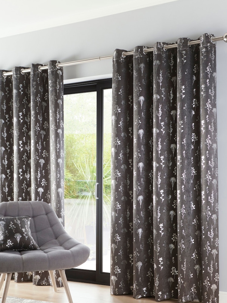 Enhanced Living Grey Fleur Eyelet Ready Made Blackout Eyelet Curtains - Image 1 of 4
