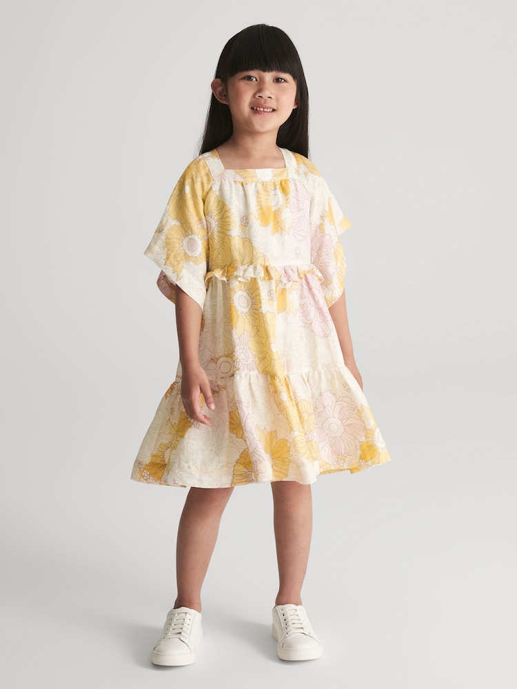 Reiss Yellow Allie Junior Printed Tiered Mini Dress - Image 1 of 6