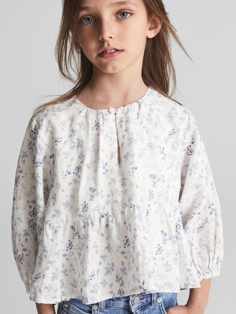 Reiss Blue Print Lee Junior Long Sleeve Blouse - Image 1 of 5