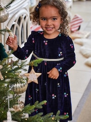 JoJo Maman Bébé Navy Star Embroidered Velour Party Dress - Image 1 of 5