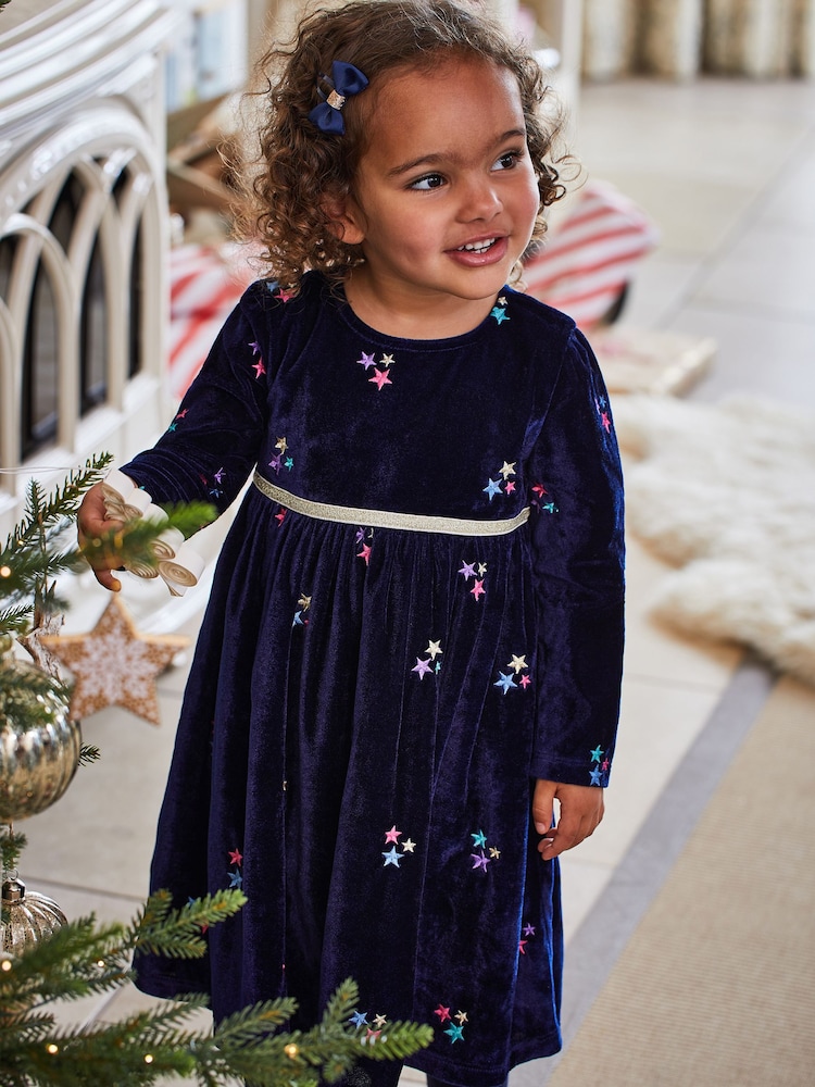 JoJo Maman Bébé Navy Star Embroidered Velour Party Dress - Image 2 of 5 JoJo Maman Bébé Navy Star Embroidered Velour Party Dress - Image 2 of 5