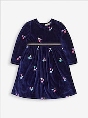 JoJo Maman Bébé Navy Star Embroidered Velour Party Dress - Image 3 of 5