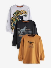 Tan Brown/Navy Blue Dinosaur Long Sleeve Graphic 100% Cotton T-Shirts 3 Pack (3-14yrs) - Image 1 of 1