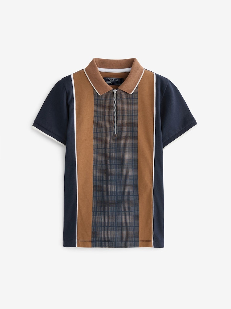 Tan Brown/Navy Blue Vertical Stripe Short Sleeve Zip Neck Polo Shirt (3-16yrs) - Image 1 of 3
