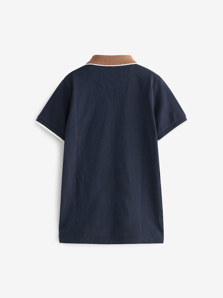 Tan Brown/Navy Blue Vertical Stripe Short Sleeve Zip Neck Polo Shirt (3-16yrs) - Image 2 of 3