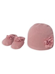 Mamas & Papas Girls Pink Flower Knit Hat and Booties - Image 1 of 3