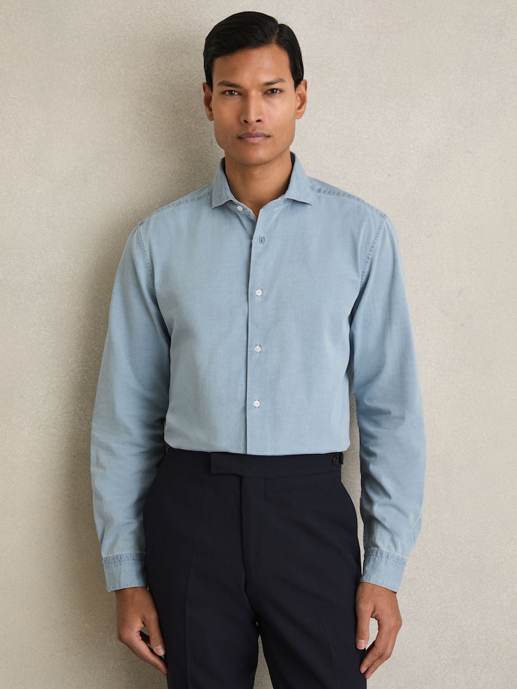 Reiss Blue Draper Washed Chambray Button-Through Shirt - Image 1 of 7