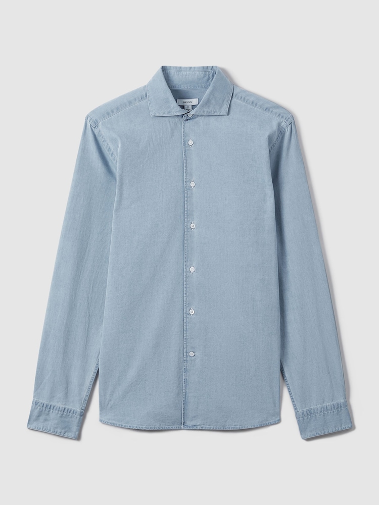 Reiss Blue Draper Washed Chambray Button-Through Shirt - Image 2 of 7