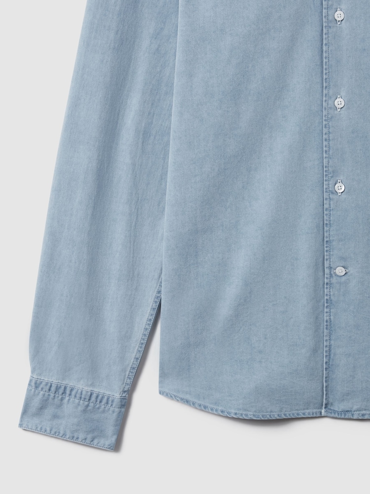 Reiss Blue Draper Washed Chambray Button-Through Shirt - Image 7 of 7