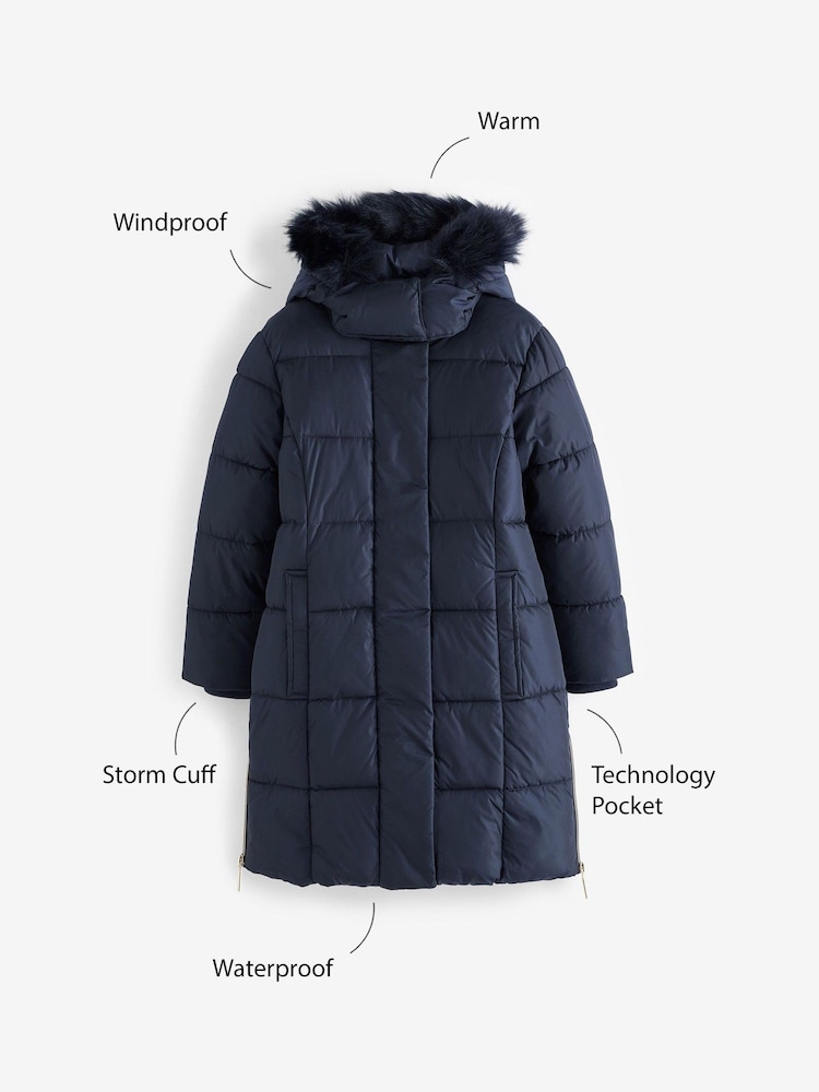 Clarks Navy Blue Girls Longline Puffer Coat - Image 14 of 14
