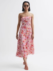 Reiss Pink Bonnie Floral Print Fitted Midi Dress - Image 1 of 5