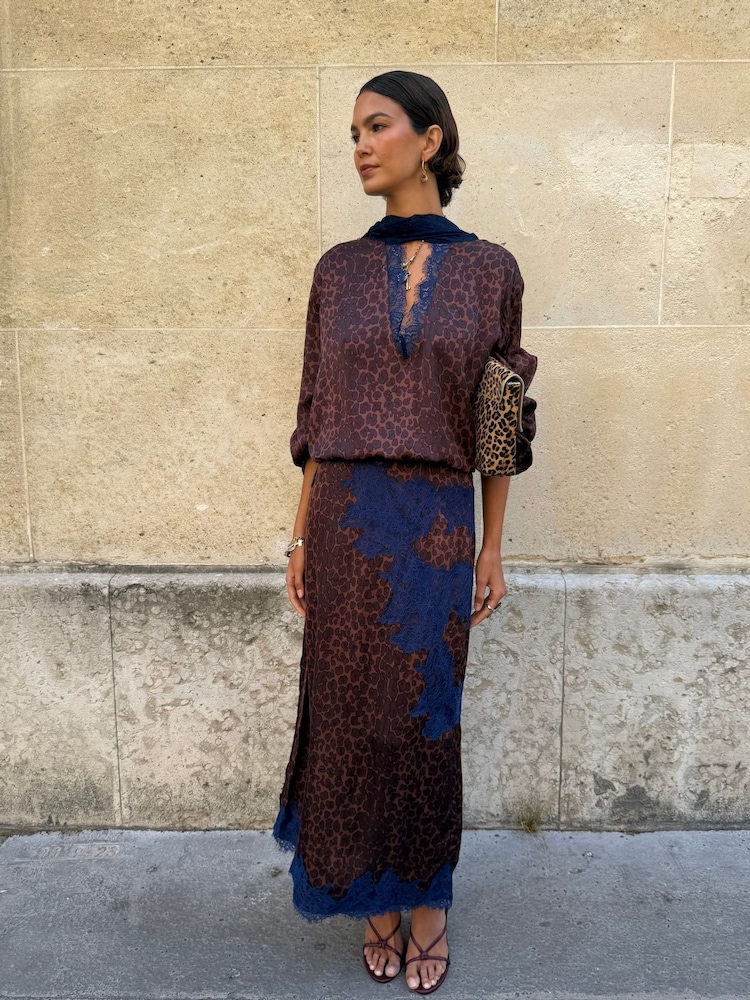 Never Fully Dressed Brown/Blue Leopard Petite Print Maeva Midi Skirt - Image 1 of 5 Never Fully Dressed Brown/Blue Leopard Petite Print Maeva Midi Skirt - Image 1 of 5