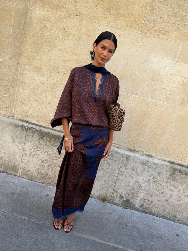 Never Fully Dressed Brown/Blue Leopard Petite Print Maeva Midi Skirt - Image 2 of 5 Never Fully Dressed Brown/Blue Leopard Petite Print Maeva Midi Skirt - Image 2 of 5
