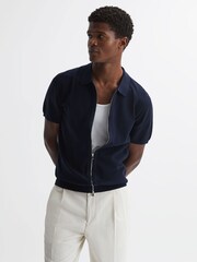 Reiss Navy Walton Slim Fit Textured Zip Through T-Shirt - Image 1 of 4
