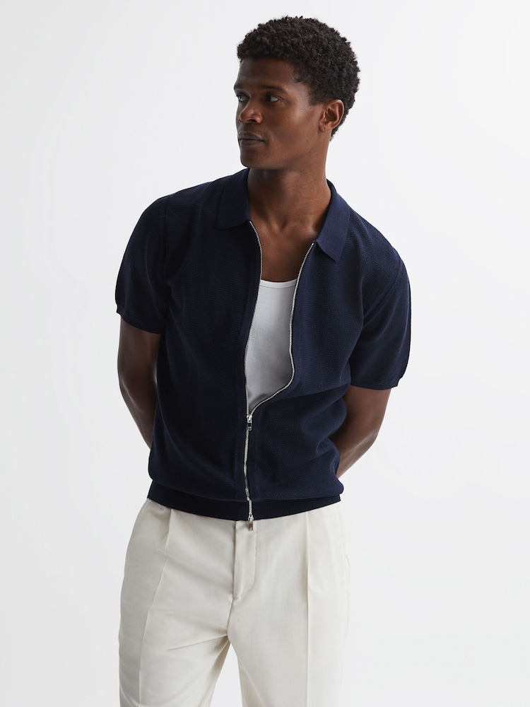 Reiss Navy Walton Slim Fit Textured Zip Through T-Shirt - Image 1 of 4