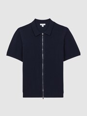 Reiss Navy Walton Slim Fit Textured Zip Through T-Shirt - Image 2 of 4