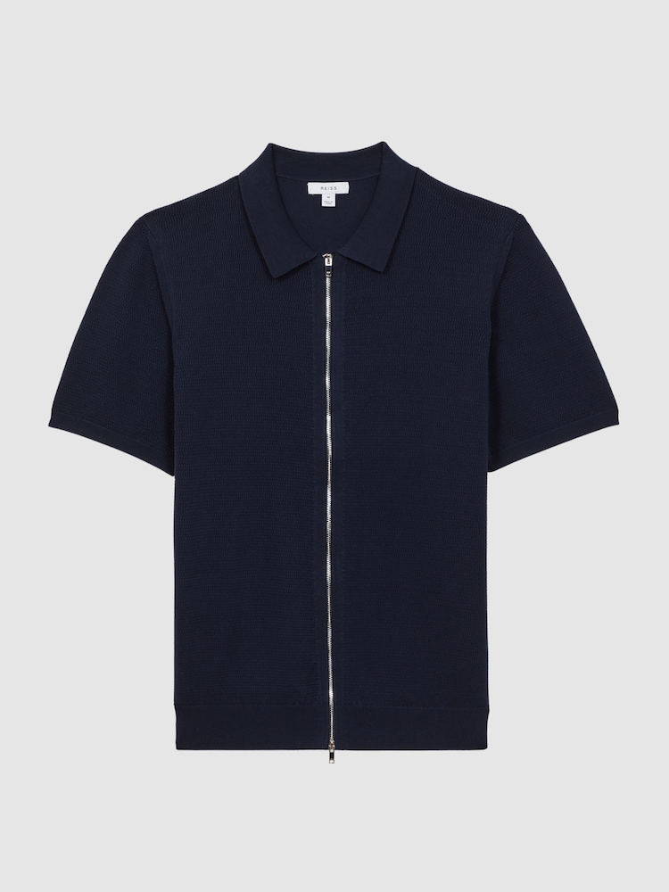 Reiss Navy Walton Slim Fit Textured Zip Through T-Shirt - Image 2 of 4