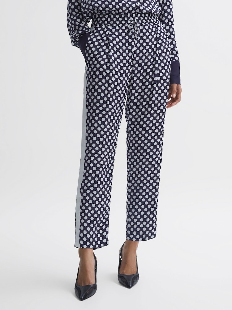 Reiss Navy/White Ezra Petite Polka Dot Drawstring Tapered Trousers - Image 1 of 6