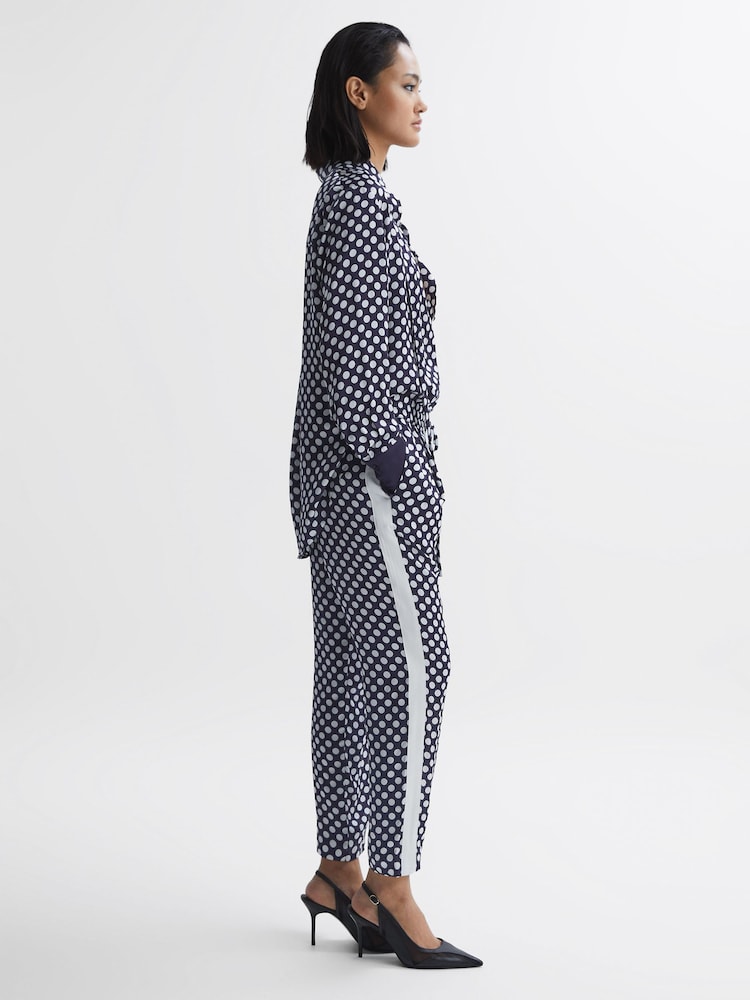 Reiss Navy/White Ezra Polka Dot Drawstring Tapered Trousers - Image 1 of 5