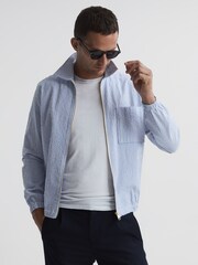 Reiss White/Soft Blue Malibu Striped Seersucker Overshirt - Image 1 of 5
