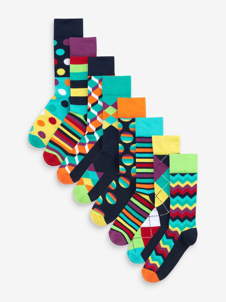 Bright Mix Geo Pattern Socks 8 Pack - Image 1 of 10