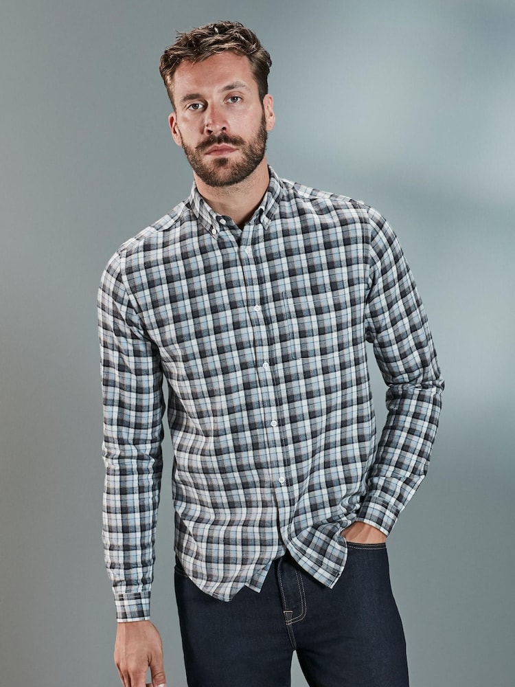 Grey/Blue Next Signature Brushed Flannel Check Shirt - Image 1 of 7
