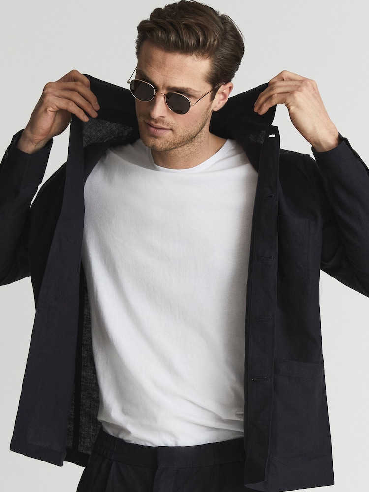 Reiss Navy Soul Linen Worker Jacket - Image 1 of 7
