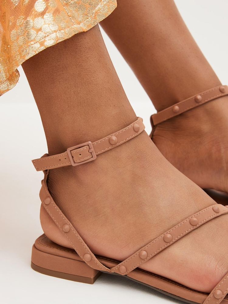 Camel Brown Forever Comfort® Stud Sandals with Ankle Strap - Image 2 of 7 Camel Brown Forever Comfort® Stud Sandals with Ankle Strap - Image 2 of 7