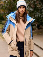 Blue, Camel and Reflective Colourblock Shower Resistant Waisted Padded Jacket With Hood - Image 1 of 6