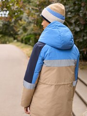 Blue, Camel and Reflective Colourblock Shower Resistant Waisted Padded Jacket With Hood - Image 3 of 6