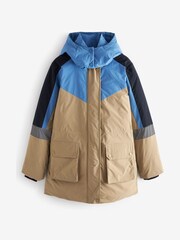 Blue, Camel and Reflective Colourblock Shower Resistant Waisted Padded Jacket With Hood - Image 5 of 6