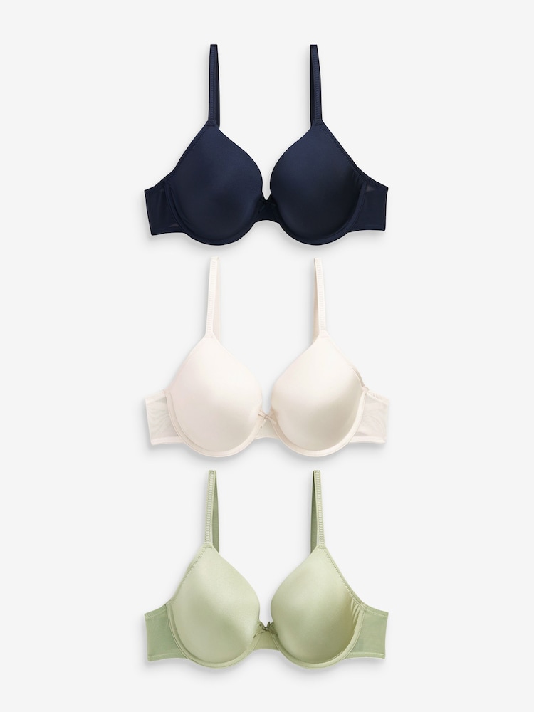 Green/Navy Blue/Cream Pad Full Cup Microfibre Smoothing T-Shirt Bras 3 Pack - Image 1 of 5