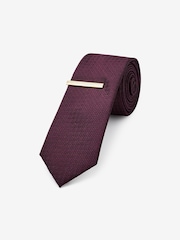 Burgundy Red Slim Textured Tie And Clip Set - Image 1 of 3