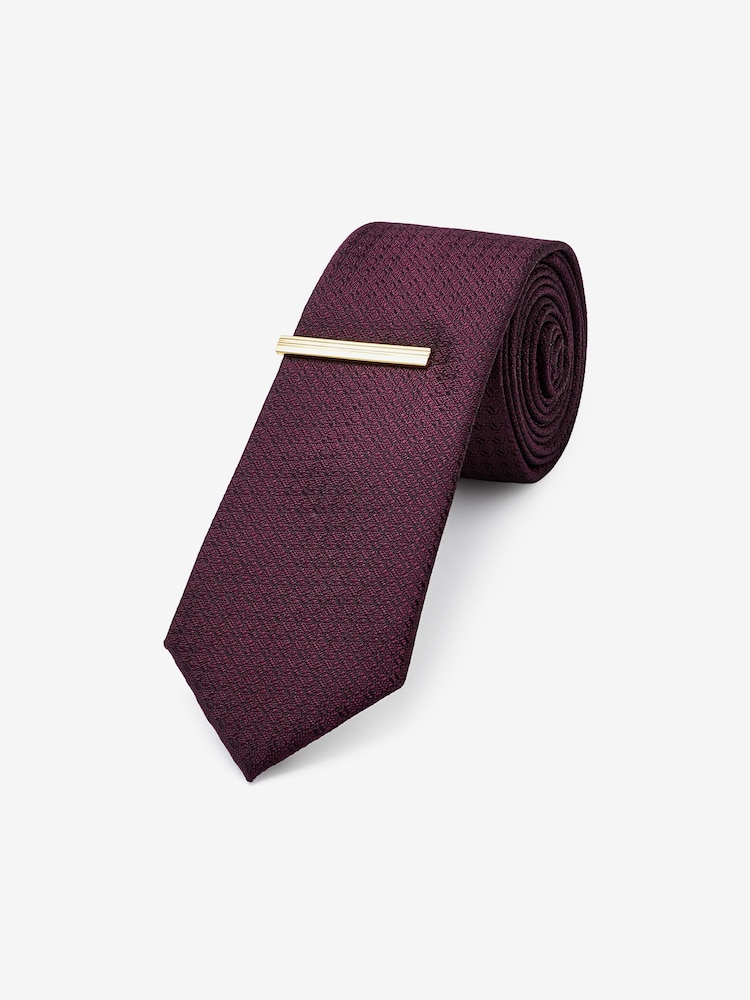 Burgundy Red Slim Textured Tie And Clip Set - Image 1 of 3