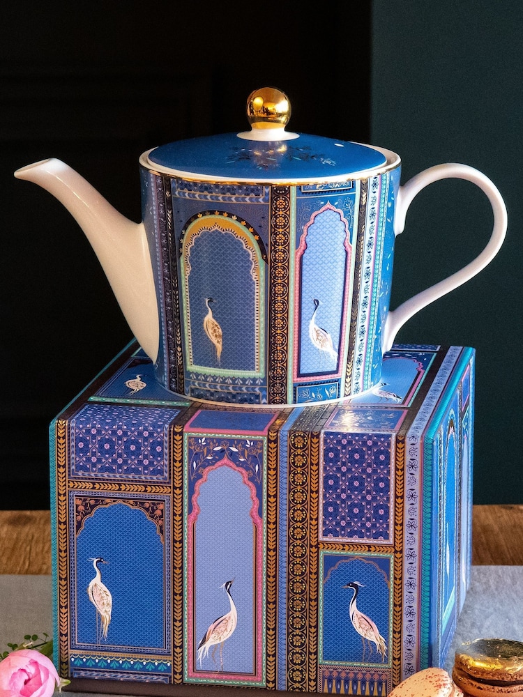 Sara Miller Blue Portmeirion Teapot with Lattice Windows - Image 1 of 6