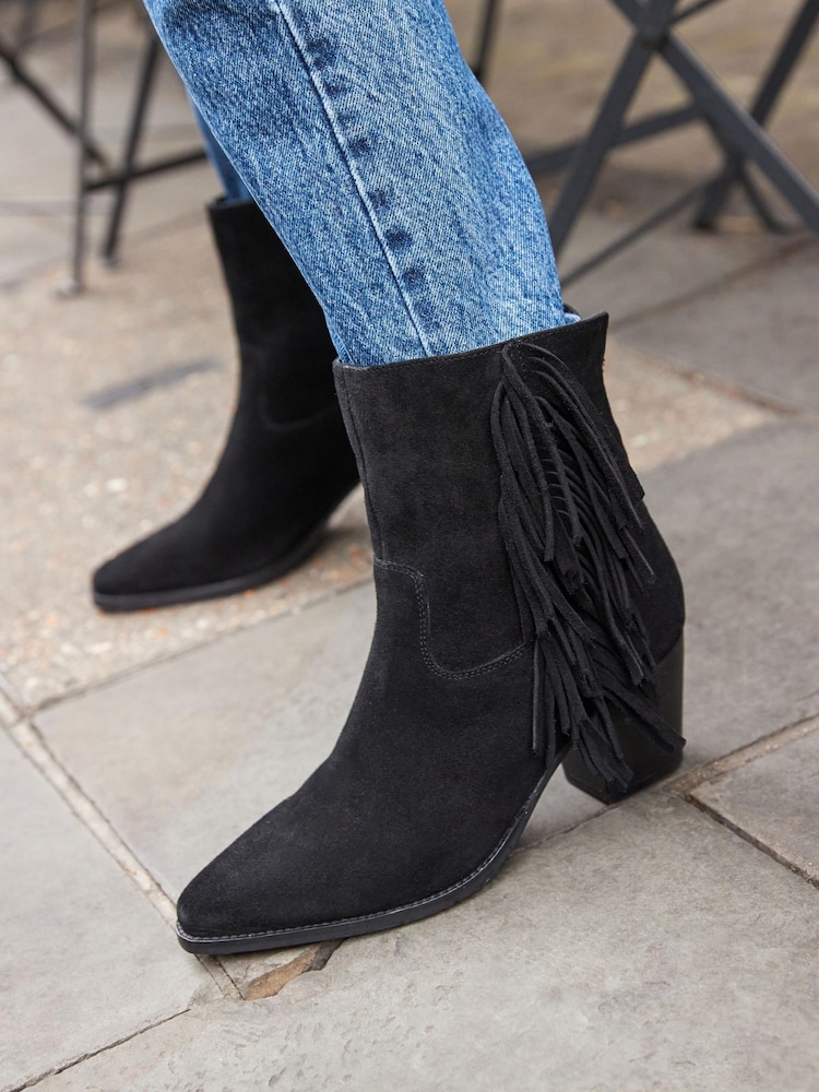 Black Western Cowboy Fringe Ankle Boots - Image 3 of 8