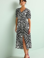Black/White Linen Blend Button Down Printed Midi Dress - Image 1 of 6