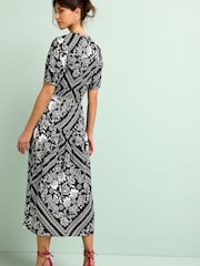 Black/White Linen Blend Button Down Printed Midi Dress - Image 2 of 6