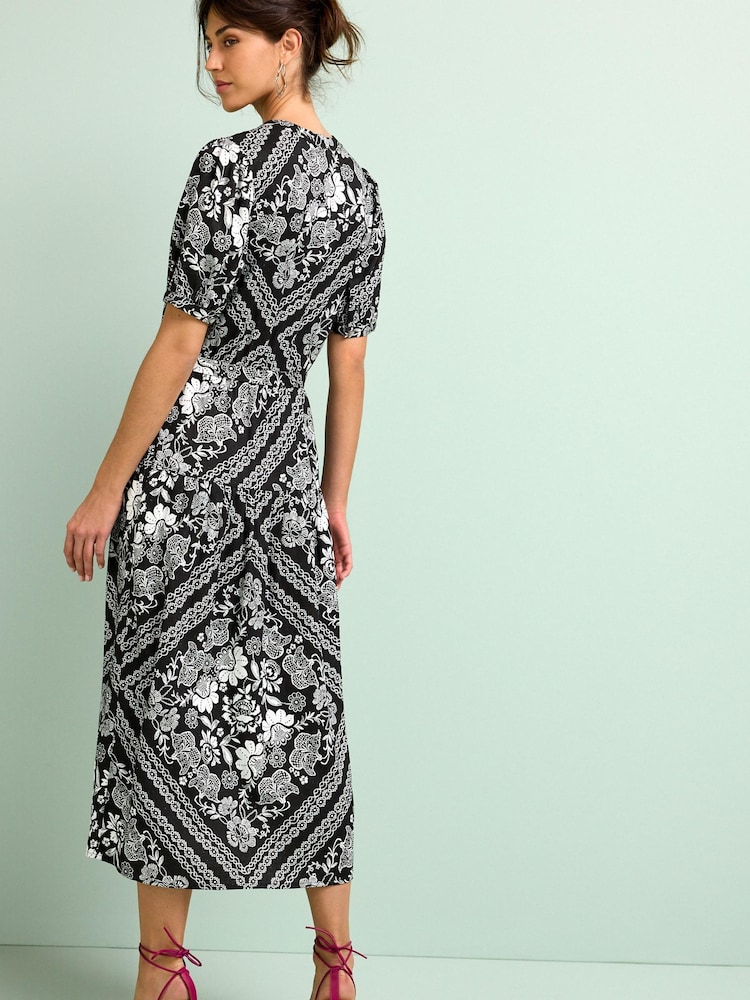 Black/White Linen Blend Button Down Printed Midi Dress - Image 2 of 6