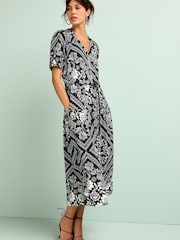 Black/White Linen Blend Button Down Printed Midi Dress - Image 3 of 6