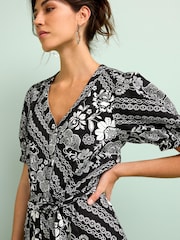 Black/White Linen Blend Button Down Printed Midi Dress - Image 5 of 6