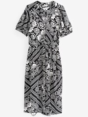 Black/White Linen Blend Button Down Printed Midi Dress - Image 6 of 6