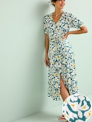 Blue/Yellow Linen Blend Button Down Printed Midi Dress - Image 1 of 5