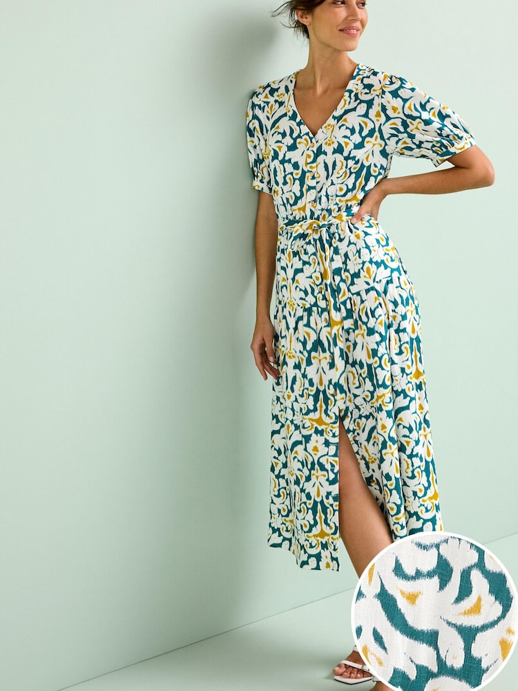 Blue/Yellow Linen Blend Button Down Printed Midi Dress - Image 1 of 5