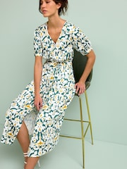 Blue/Yellow Linen Blend Button Down Printed Midi Dress - Image 2 of 5